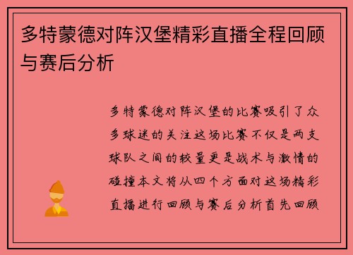 多特蒙德对阵汉堡精彩直播全程回顾与赛后分析